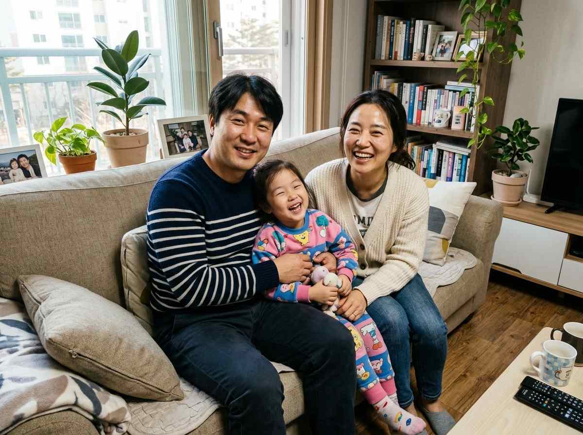 한국 가정을 대표하는 아빠와 엄마가 아이와 함께 웃고 있는 모습