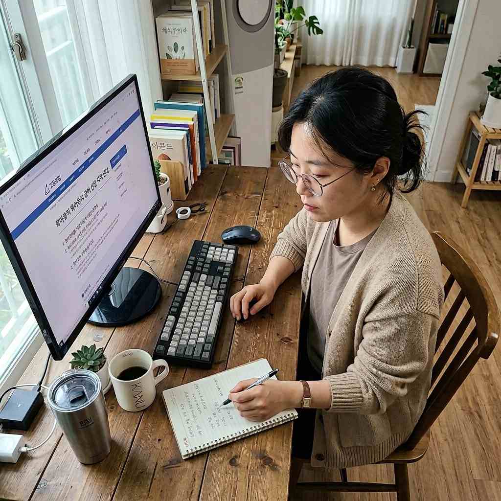 한국 고용보험 홈페이지에서 육아휴직 급여 신청 자격 요건을 확인하는 한국인 30대 여성