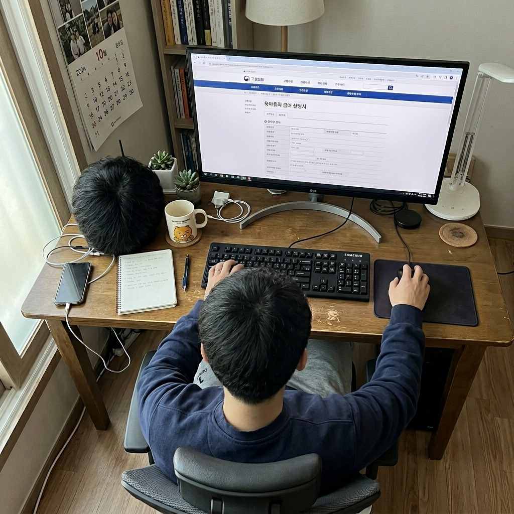 한국인 남성이 컴퓨터로 고용보험 홈페이지에 접속하여 육아휴직 급여 신청서를 작성하는 모습