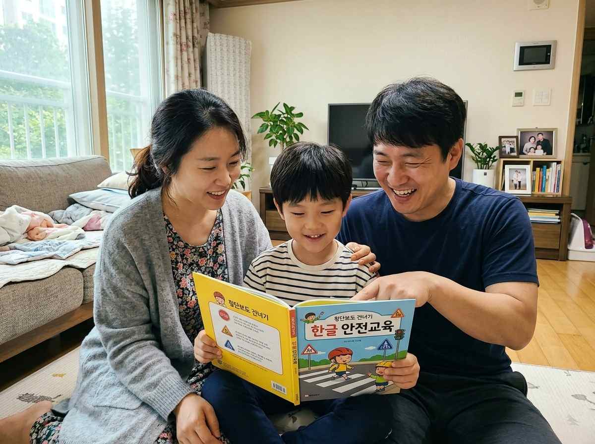 한국 아이가 부모님과 함께 안전 교육 책을 보며 즐겁게 이야기하는 모습