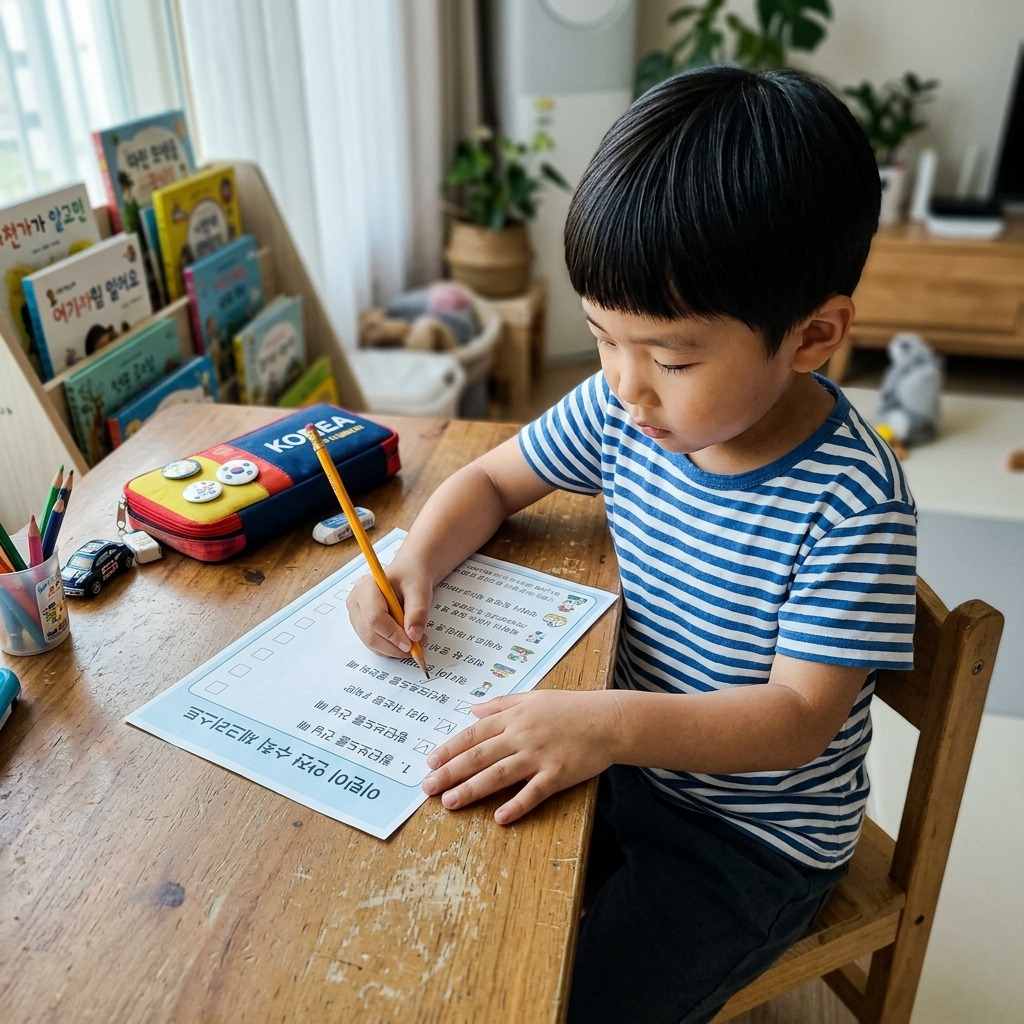 한국 아이가 책상 앞에 앉아 어린이 안전 교육 체크리스트를 보고 있는 모습