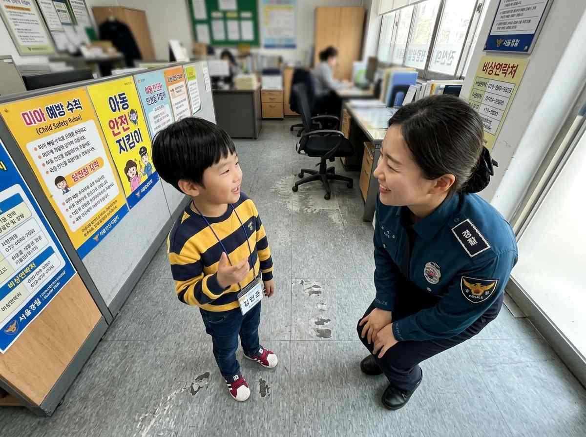 한국 아이가 경찰관 앞에서 자신의 이름과 부모님 연락처를 말하는 모습