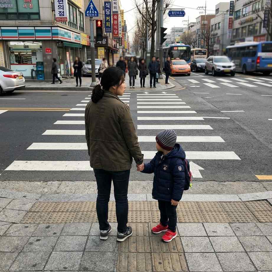 한국 아이가 엄마와 함께 횡단보도 앞에 서서 신호등을 기다리는 모습