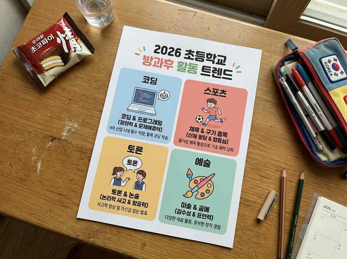 2026년 초등 방과 후 활동 트렌드를 나타내는 인포그래픽 – 코딩, 스포츠, 예술, 토론 아이콘 포함
