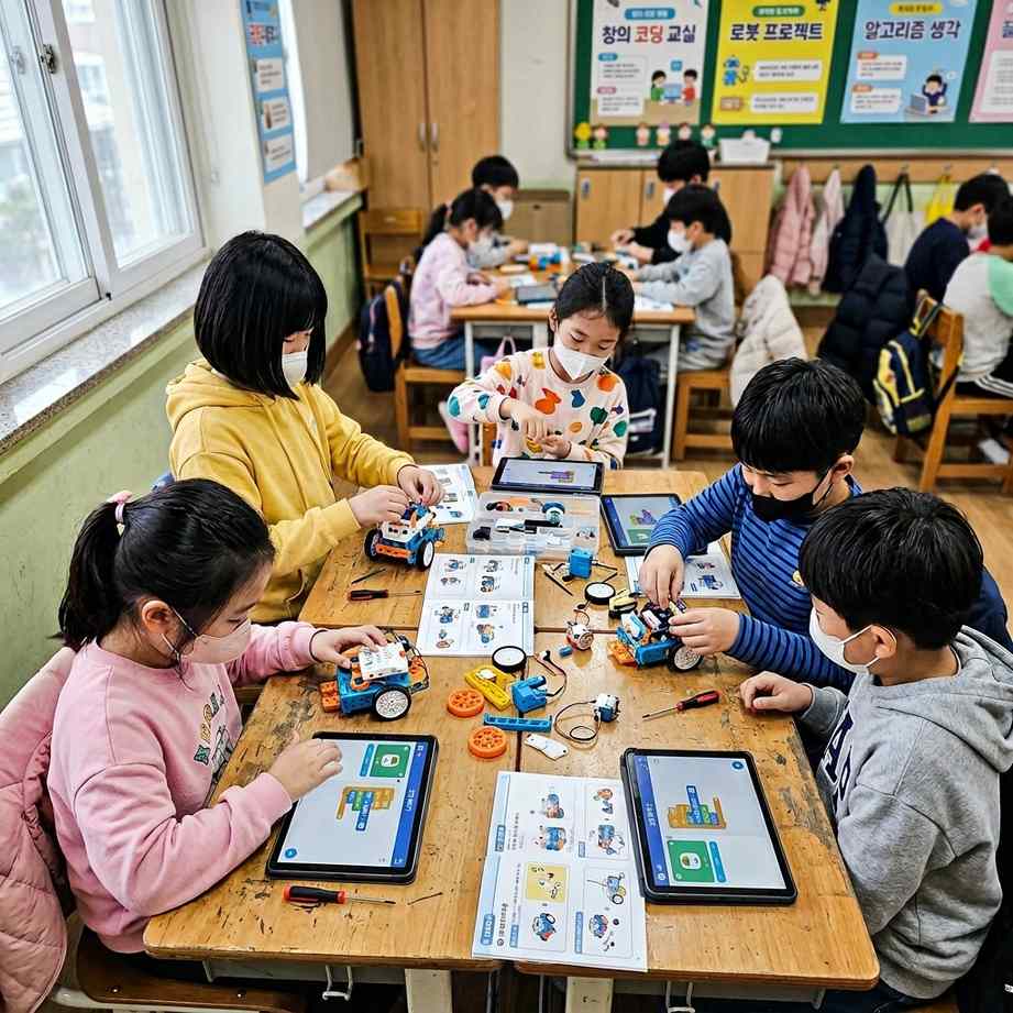 한국 초등학생들이 코딩 교실에서 로봇을 조립하고 태블릿으로 프로그래밍하는 모습