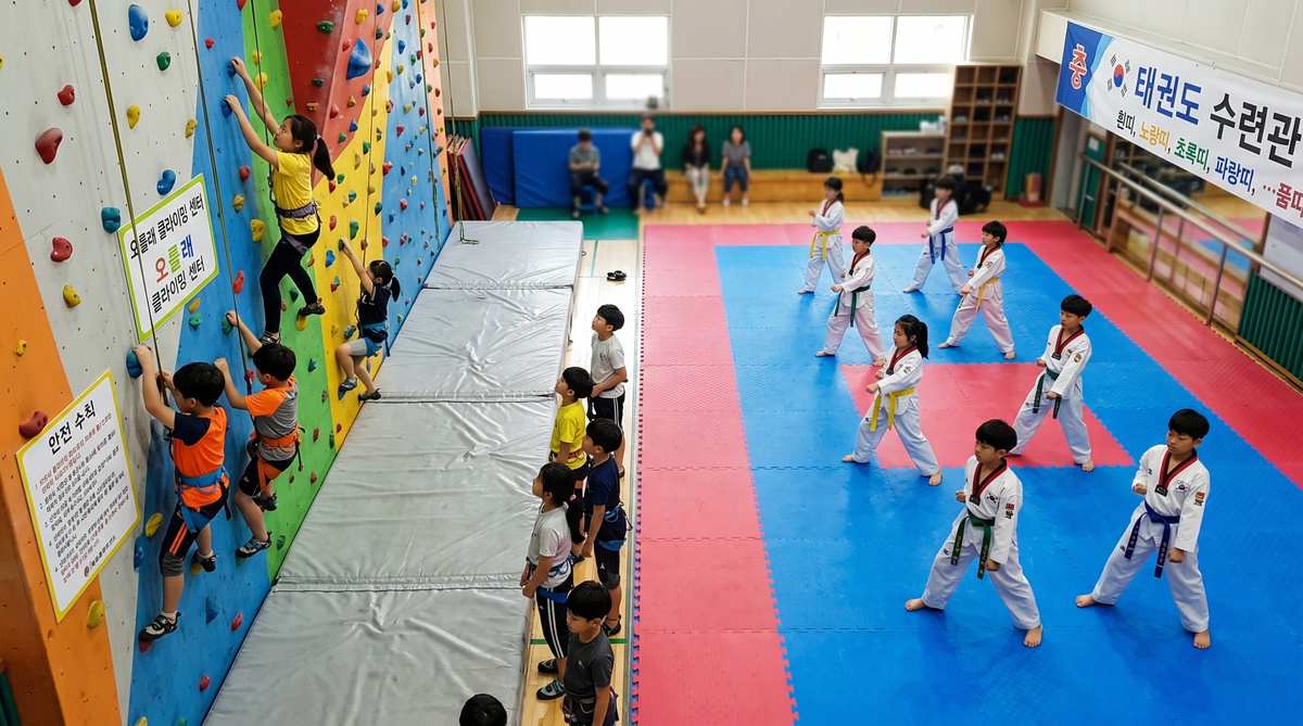 한국 초등학생들이 실내 클라이밍장에서 암벽을 오르고 태권도장에서 품새를 수련하는 모습