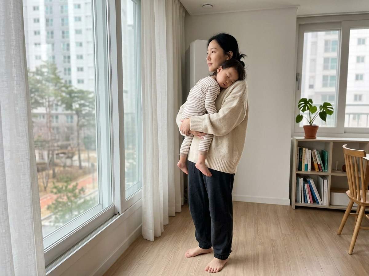 한국인 30대 워킹맘이 아이를 안고 창밖을 보며 잠시 사색에 잠긴 모습