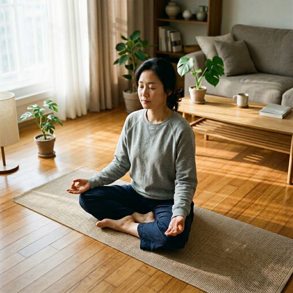 한국인 주부가 거실에서 차분하게 요가 매트 위에서 명상하는 모습