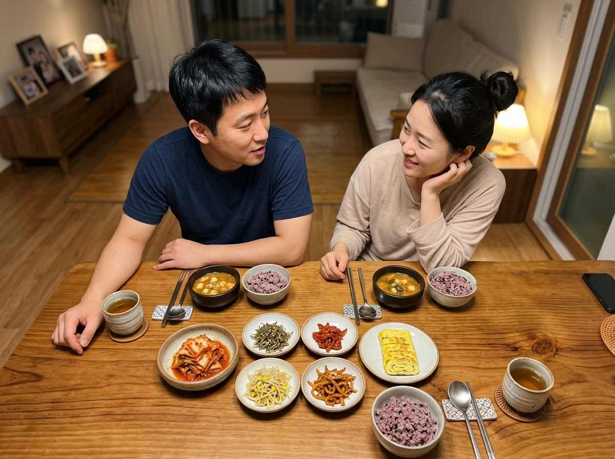 한국인 부부가 저녁 식탁에 앉아 아이가 잠든 후 진솔한 대화를 나누는 모습