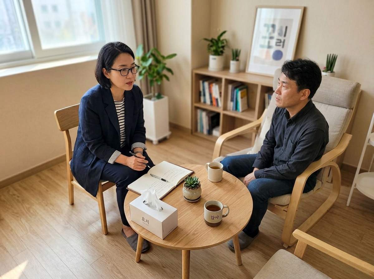 한국인 상담사가 차분한 분위기의 상담실에서 부모와 마주 앉아 대화하는 모습