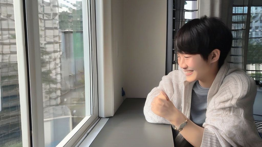 따뜻한 햇살이 비추는 창가에서 노트북으로 글을 쓰는 한국인 여성