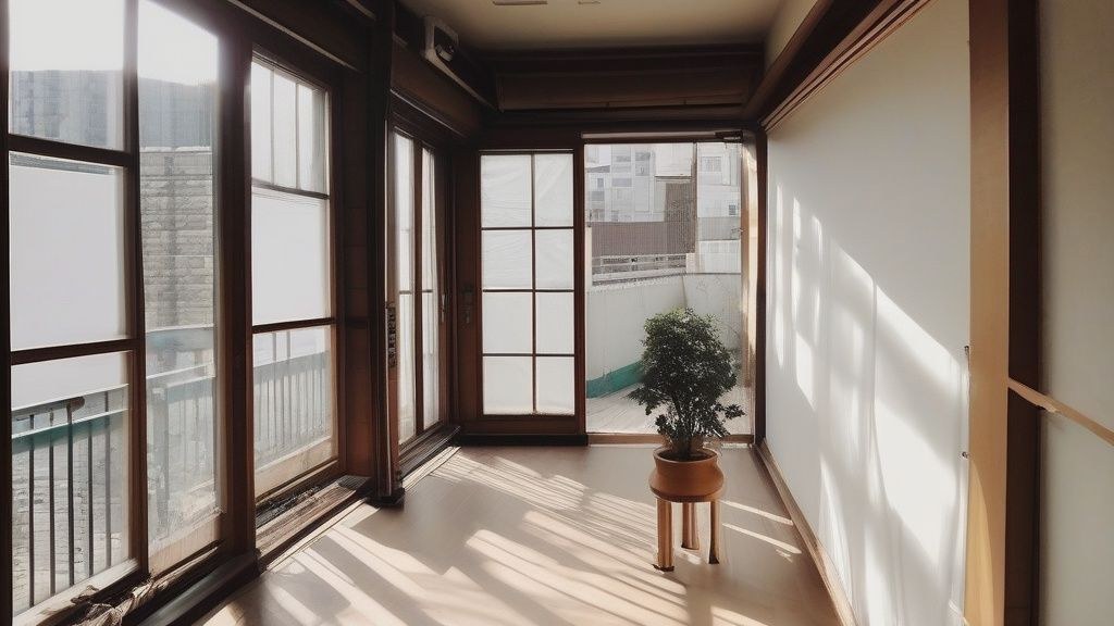 한국 엄마가 아이를 안고 창밖을 보며 잠시 휴식을 취하는 모습