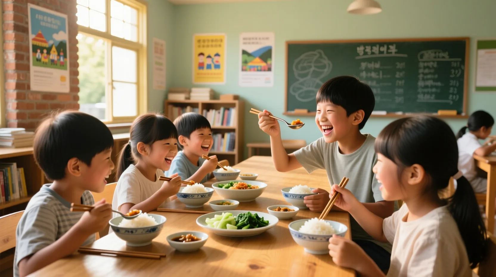 방학 중 지역아동센터에서 급식을 제공받는 아동들의 모습