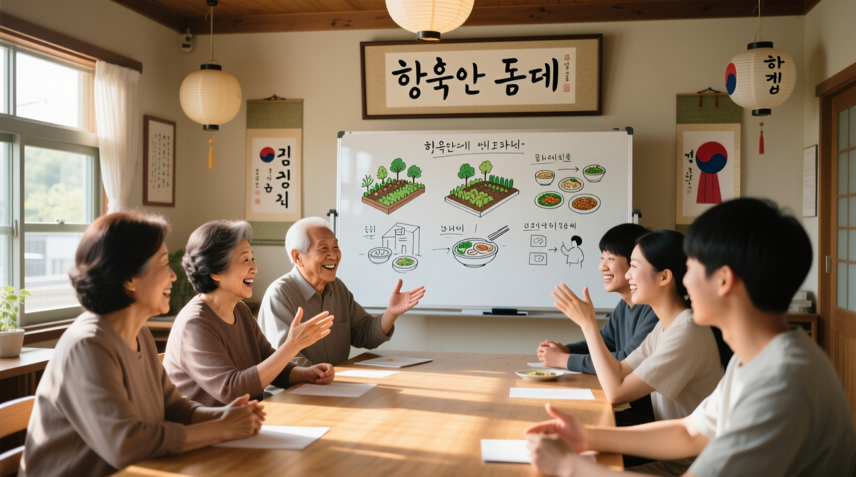 한국 지역주민들이 함께 모여 행복지기 사업을 기획하는 회의 장면