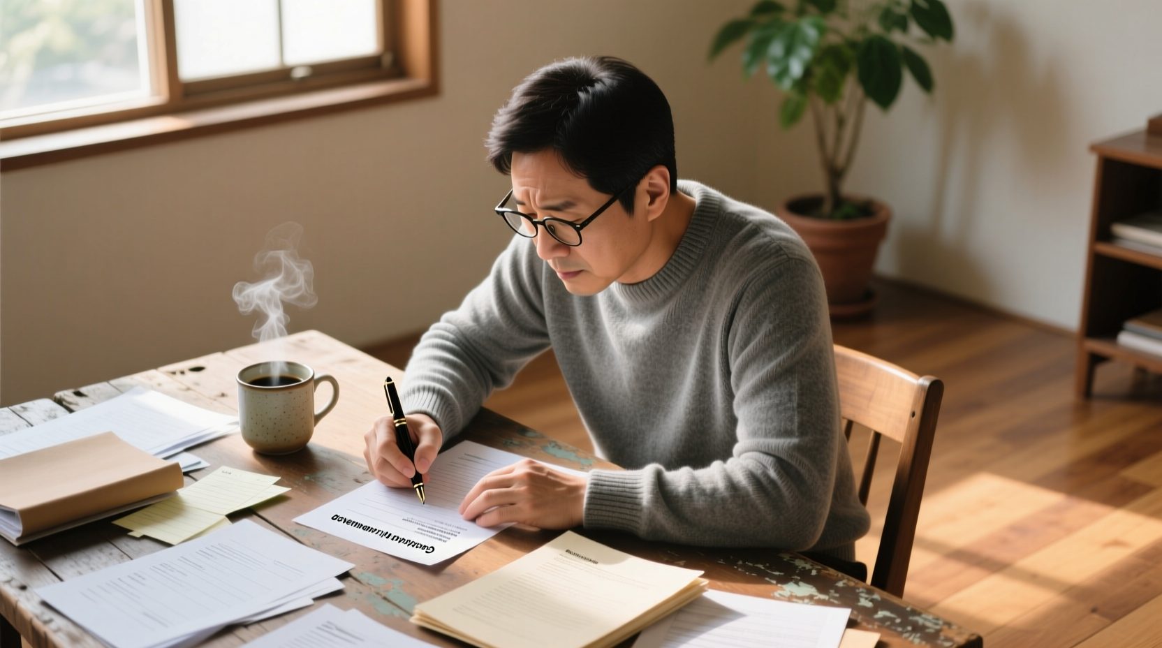 행복지기 사업 공모 신청서를 작성하는 손과 문서들