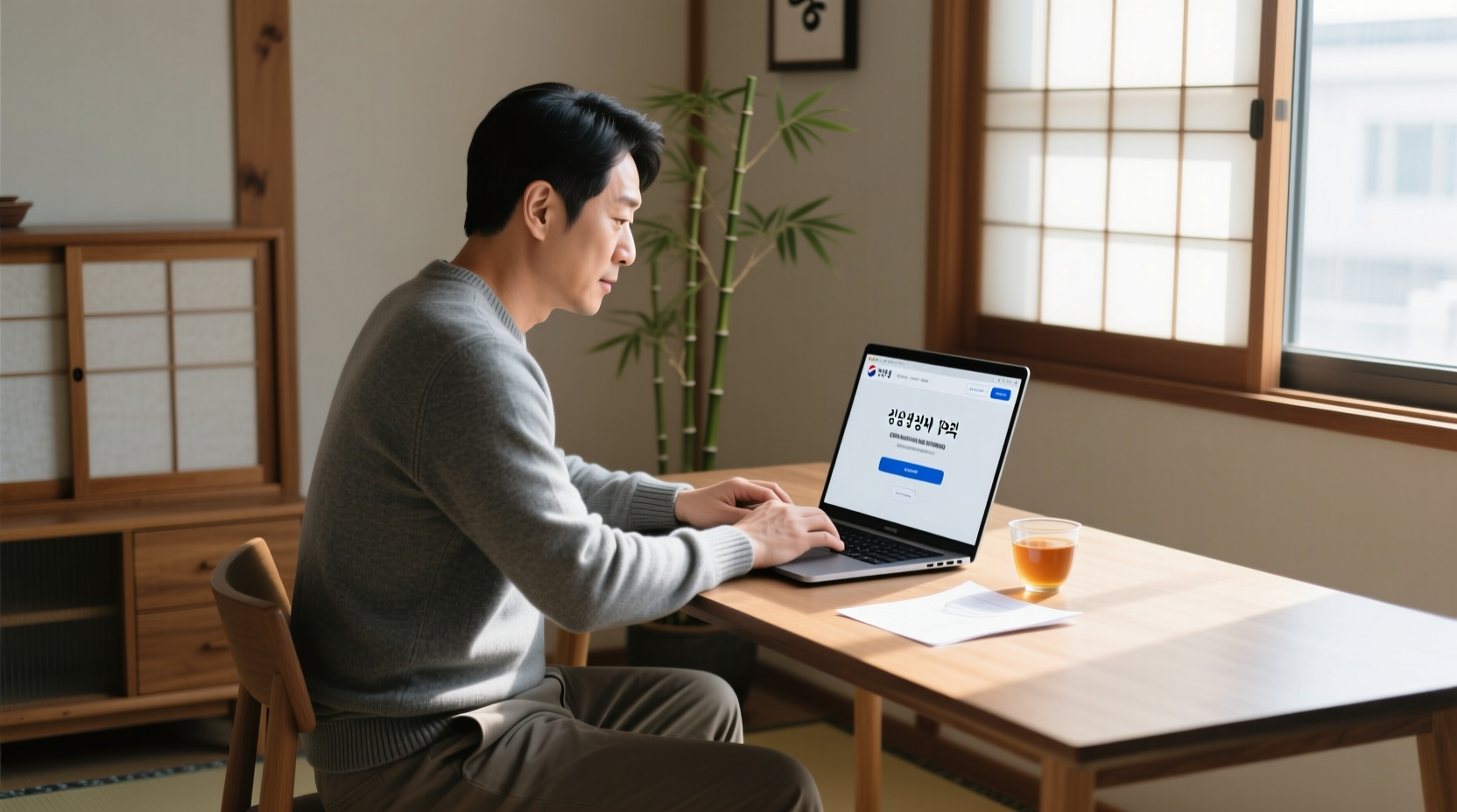 행복지기 사업 신청을 위해 보조금통합포털 사이트를 확인하는 한국인